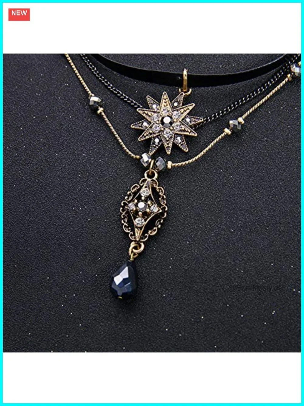 Layered Star Pendant Choker Necklace with Rhinestone Leather Detail